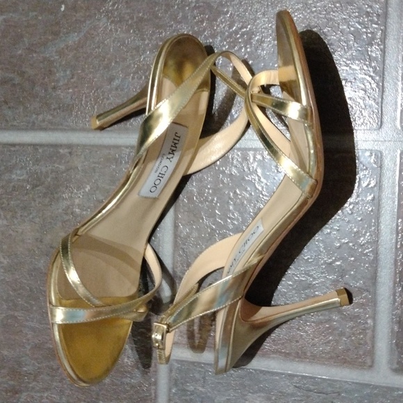 Jimmy Choo Gold mirror open toe strappy cross over sling back sandal heel 38 - Picture 8 of 10